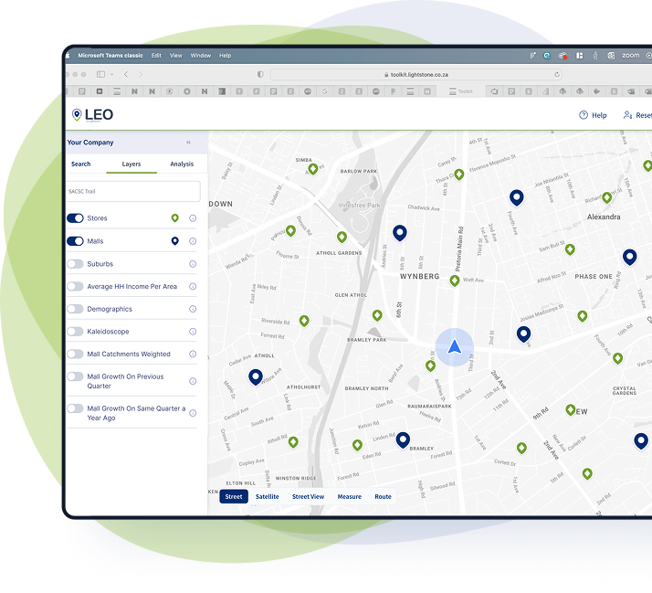 LEO map interface showing stores, malls and demographic layers